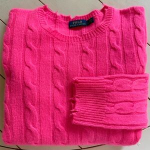 Ralph Lauren Iconic Cashmere Wool Bright Pink Cable Knit Sweater - Size L - NEW